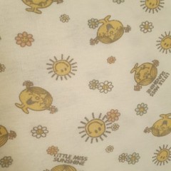 Vintage Little Miss Sunshine Knit Fabric White Yellow 65″ Wide 3 1/8 yards