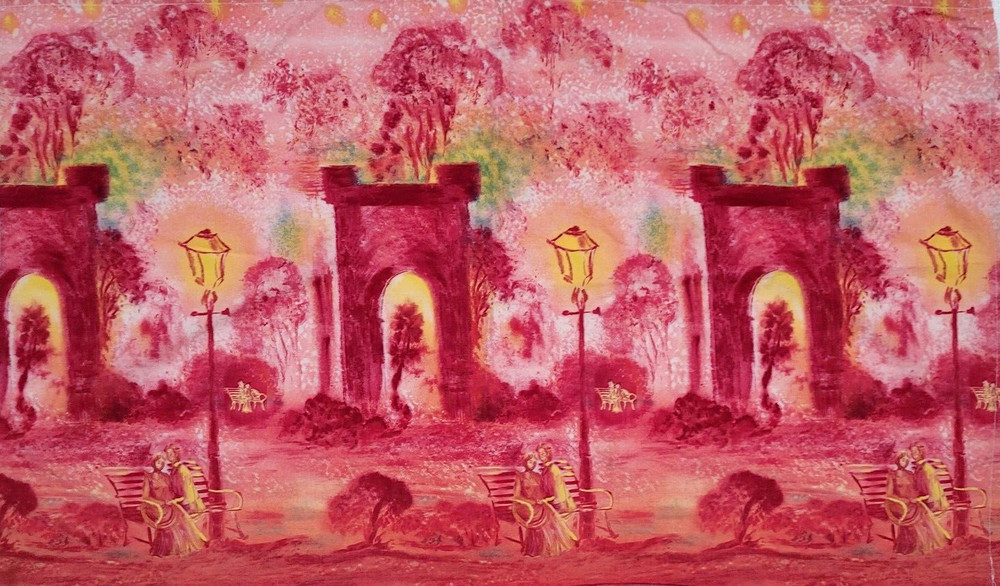 Victorian Lovers in the Park Vibrant Fabric Art Panel Wall Hanging Table Cover
