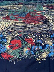 Vintage Farm Mural Fabric Flowers Hay Fields Bright Colors On Black 2 Yds 14”x34