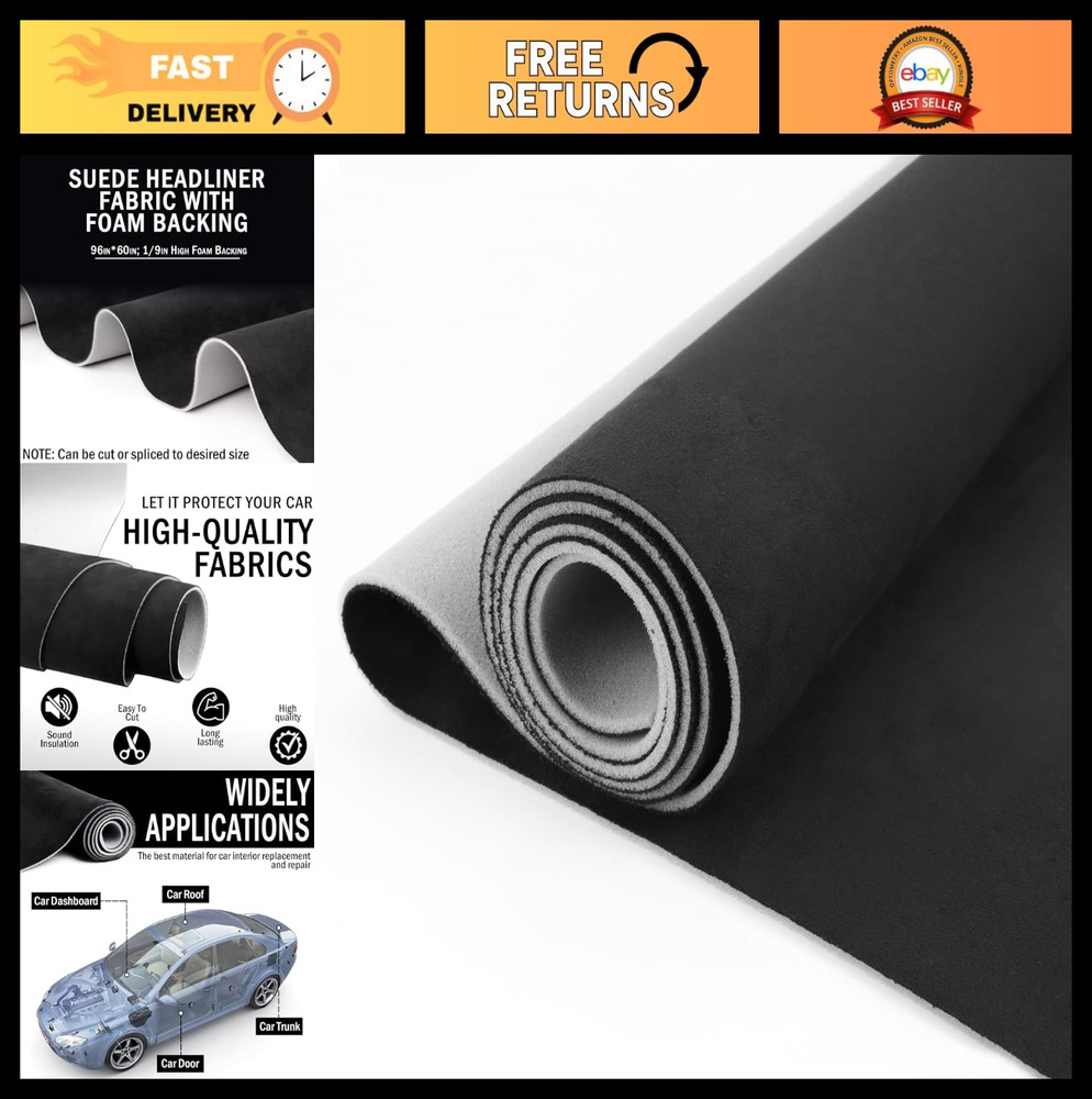 Black Suede Headliner Fabric 96″ x 60″ Foam Backing for Auto Roof, Car, SUV, RV