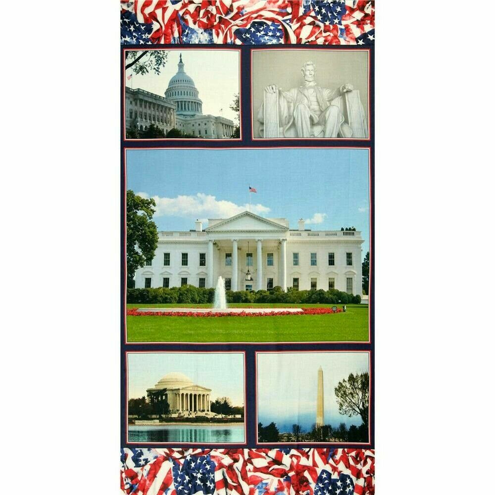 Washington DC Patriotic Fabric 23″X44″ Panel White House Memorials Flags Cotton