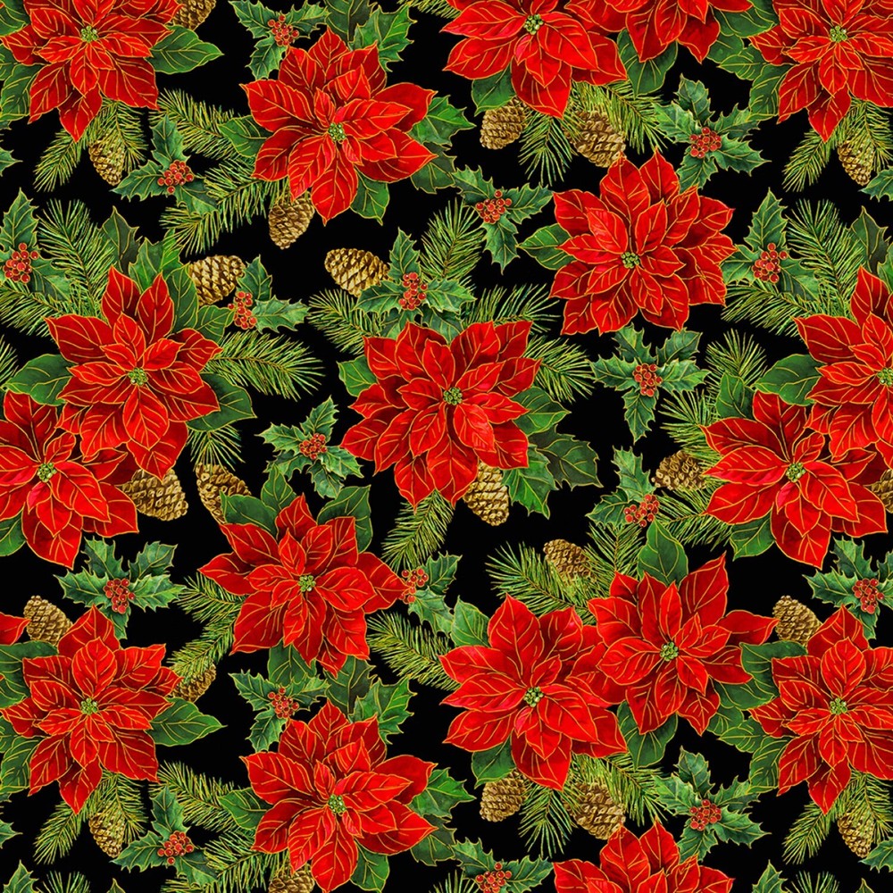Deck The Halls Christmas Red Poinsettia Metallic Black Cotton Fabric By 1/2 Yard