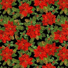 Deck The Halls Christmas Red Poinsettia Metallic Black Cotton Fabric By 1/2 Yard