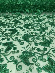 Kelly Green Butterfly Sequin Lace – 3D Embroidered Floral Mesh Couture Beaded