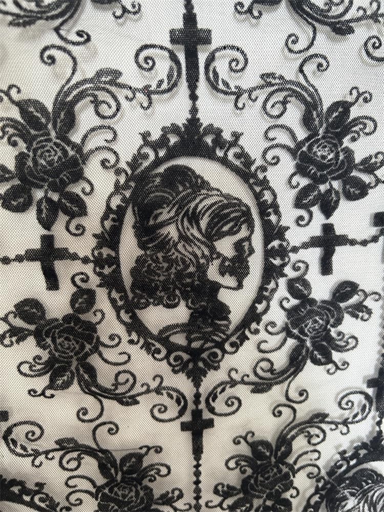 55 Inch Lace Fabric Soft Black Skull Cut by the yard, (1 Yard)