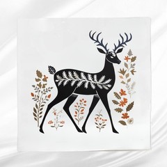 Folk Art Deer Fabric Panel ~ Deer Quilt Block ~ Square fabric panel for sewing