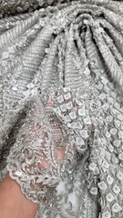 Silver Beads Lace Fabric By The Yard Embroidery 3d Chiffon Leaves Sequins Lace