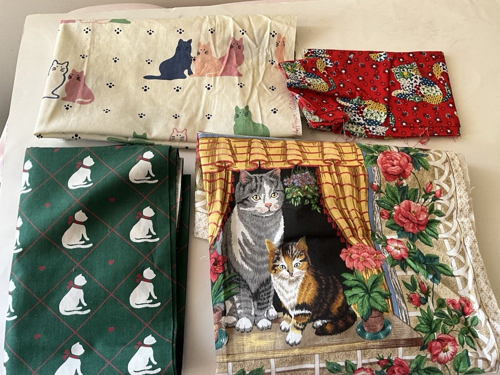 Quilting Sewing Crafts Fabric Lot Cats Green Red Blue White Cotton