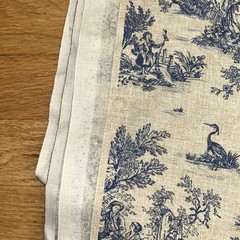 Vtg Extra Wide Blue Linen Toile de Jouy Fabric Remnant 7.8 Yds 62″W x 284″L