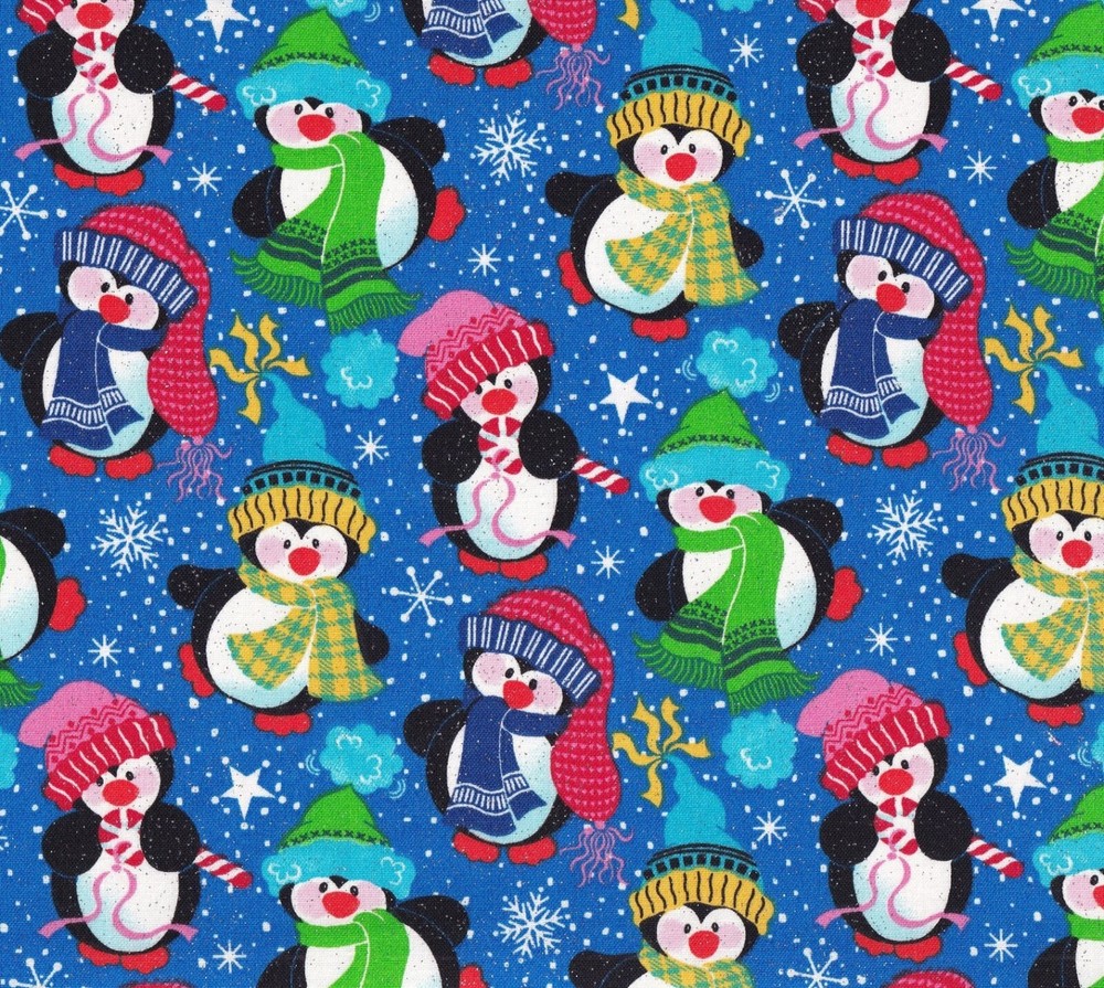 PENGUINS IN WINTER ATTIRE WITH GLITTER – FABRIC TRADITIONS – BTY – SNOW QUILTING