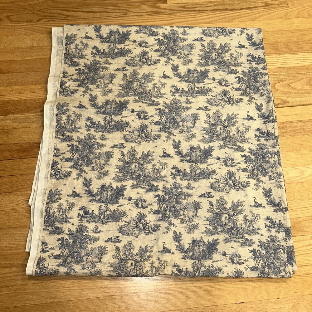 Vtg Extra Wide Blue Linen Toile de Jouy Fabric Remnant 7.8 Yds 62″W x 284″L