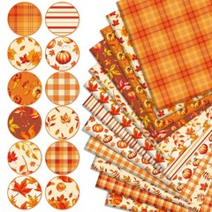 12 PCS Fall Cotton Fabric Bundles Orange Pumpkin Leaves Plaid 18×22″ Inch DIY