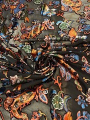 Floral Velvet Burnout Chiffon Fabric: Turquoise, Green, Orange – 45″ Wide