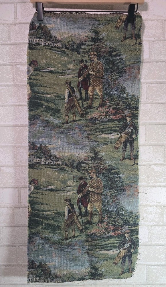 Embroidered Tapestry Remnant Woven Cloth Swatch Golfers Golf Scene Vintage