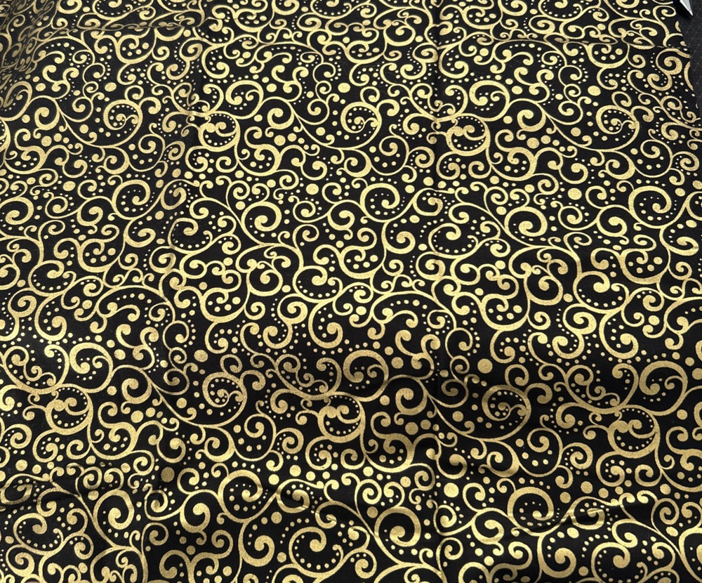 Lux Timeless Treasures Black Gold Metallic Scroll Cotton Quilting Fabric 46X42