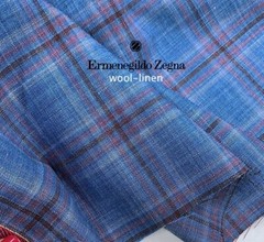 ERMENEGILDO ZEGNA Wool Silk Linen Suiting Fabric Blue Red White Plaid 2.15m