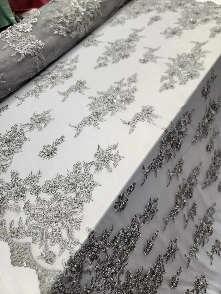 Silver Beaded Lace Fabric By The Yard 3d Floral Flowers Embroidery Sequins Prom