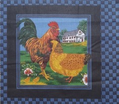 Vtg ~ Cranston ~Yellow & Red ~”Rooster & Hen”~ Cotton Fabric Panel ~ 10.75″x11″