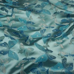 Light Blue Satin Silky Fabric Butterfly Printed 115cm Wide Dress Sew DIY Costume