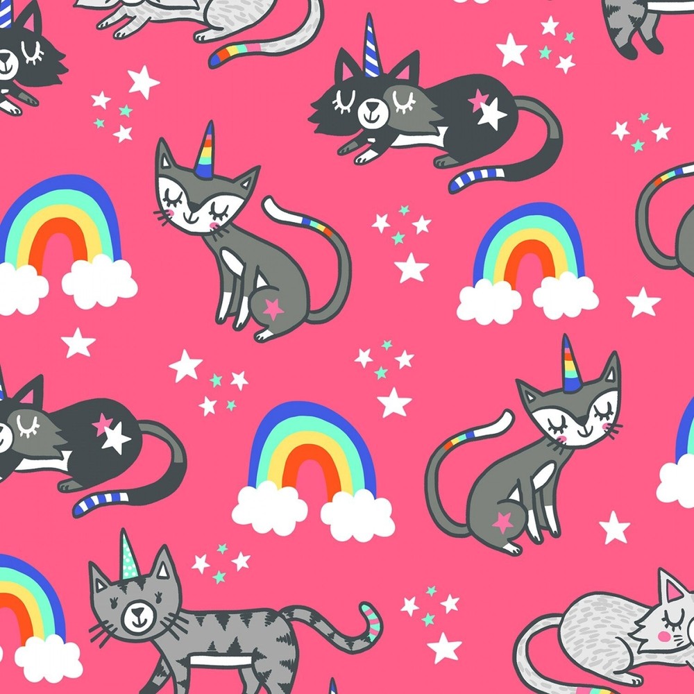 Feline Drive Fabric UNICORN CATS & RAINBOWS Pink – Fat Quarter (18″x22″) FQ