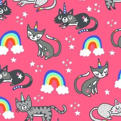 Feline Drive Fabric UNICORN CATS & RAINBOWS Pink – Fat Quarter (18″x22″) FQ
