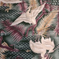 VTG Hoffman Antique Kimono Fabric Crane Tropical Leaves Geometric 44×54 Cotton