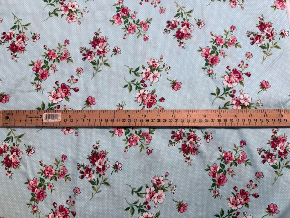 VINTAGE Pink & Red Flowers on Blue – 2.33 YDS x 44”