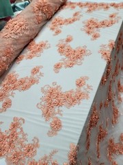 Peach Floral 3D Beaded French Embroidered Handmade Mesh 3D Lace Fabric By Yard