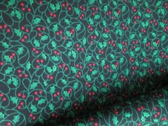 VTG Christmas Holly with Red Berry Print on Black Fabric 45″ W x 1 Yd Long