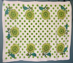 Vintage Mod Flower Power Terry Cloth Fabric Tablecloth Sunflower Polka Dot Retro