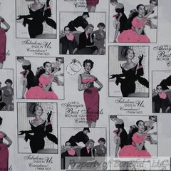 BonEful FABRIC FQ Cotton Quilt White Black B&W Pink Lady Girl Block VTG Fashion