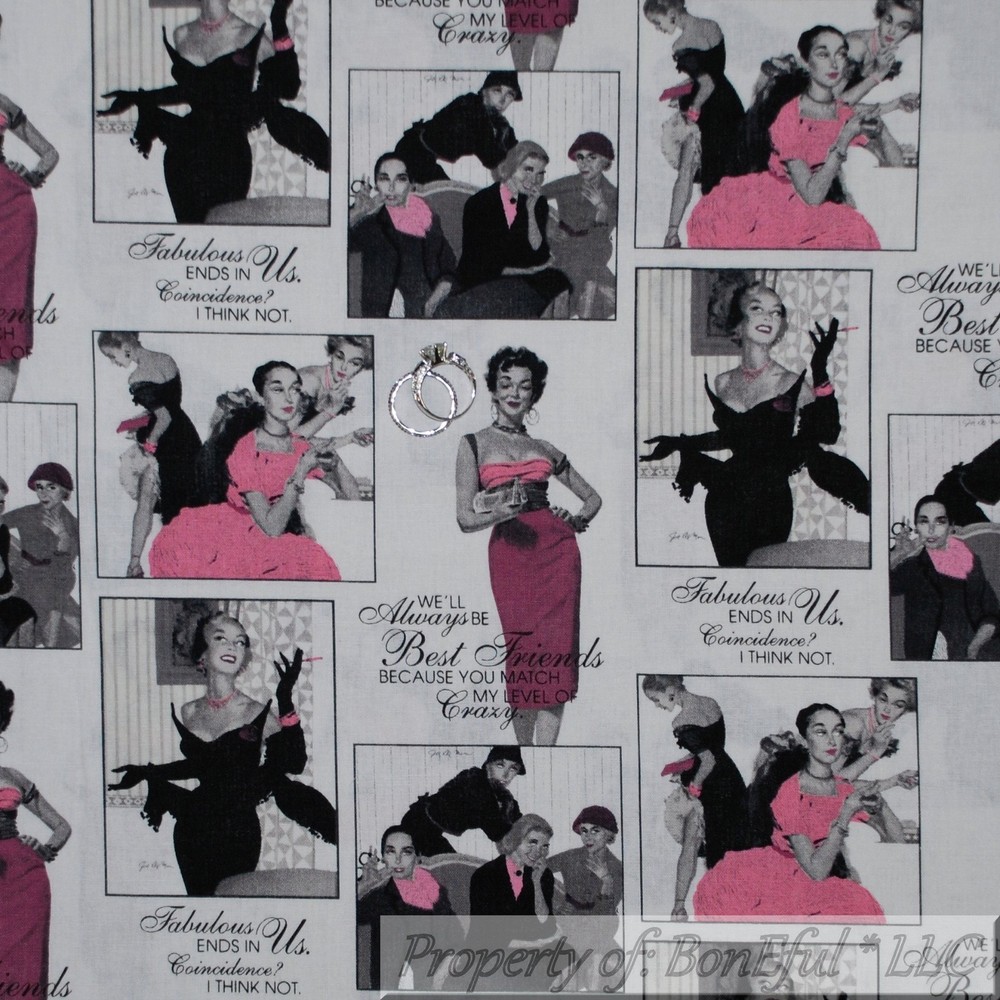 BonEful FABRIC FQ Cotton Quilt White Black B&W Pink Lady Girl Block VTG Fashion