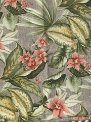 Indoor Outdoor Tropical Floral Foliage Fabric Piece 44”x50” Taupe Coral Green