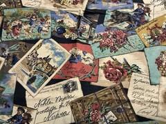 1991 Cyrus Clark Co POSTCARDS Antique Postcards/Floral Collage Fabric 55” X 50”