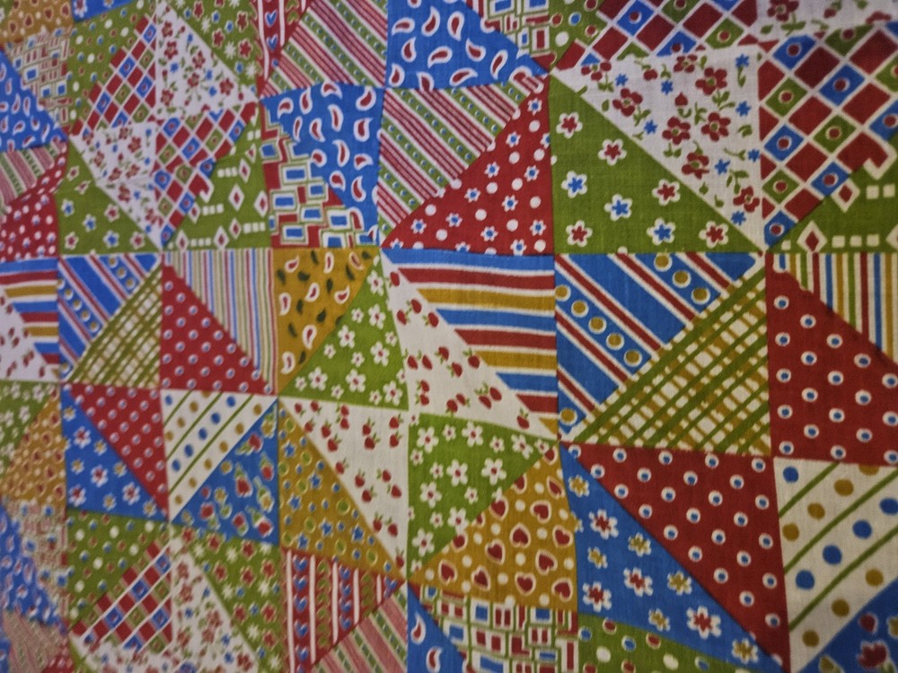 57 X 45 VTG 1970`s Faux Feed Sack Prints Pinwheel Squares Cheater Quilt