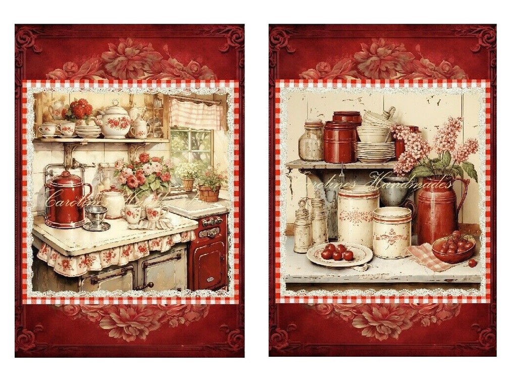 Shabby Chic Retro Red Kitchen MULTI-SIZE SET Cotton Fabric Quilt Blocks