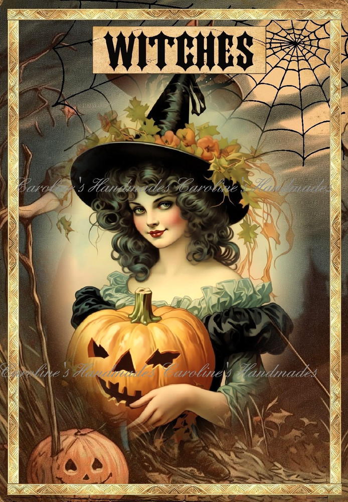 Victorian Halloween Witch B Designer Cotton Fabric Quilt Block Multi-size