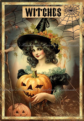 Victorian Halloween Witch B Designer Cotton Fabric Quilt Block Multi-size
