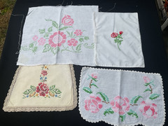 Vintage Handstitched Roses Fabric Scraps Lot Doily Slow Stitch Junk Journal – 4