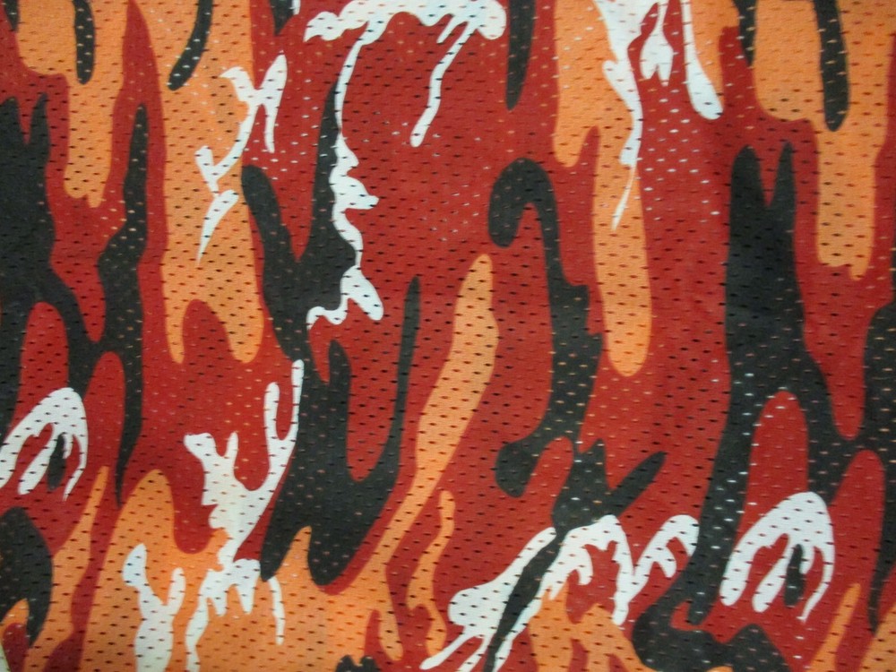 One-Way Stretch Mesh Fabric – Camo – Red, Orange, Black, White – 62″ W x 24.5″