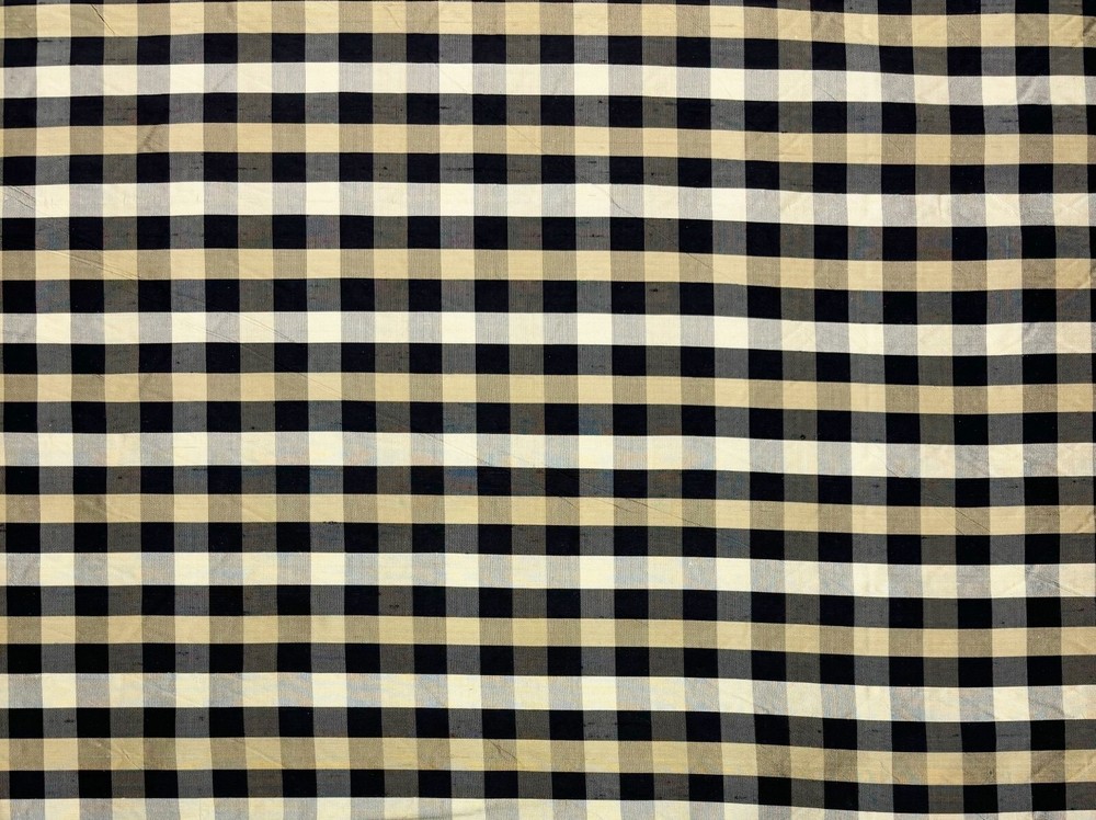 DUPIONI SMALL CHECK BLACK CREAM BEIGE 100% SILK MULTIPURPOSE FABRIC BY YARD 54″W