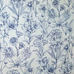 Belle Maison Fabric Floral Botanical Print 39×44 Linen Blend Spain Blue Flowers