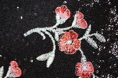 EMBROIDERED FLORAL LACE FABRIC W/ BEAD SPARKLE BLACK RED ROSES 56″ WIDE BY YARD