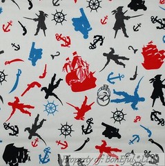 BonEful Fabric FQ Cotton Quilt PIRATE Ship Sail Boat Blue Anchor Skull Gun Sword