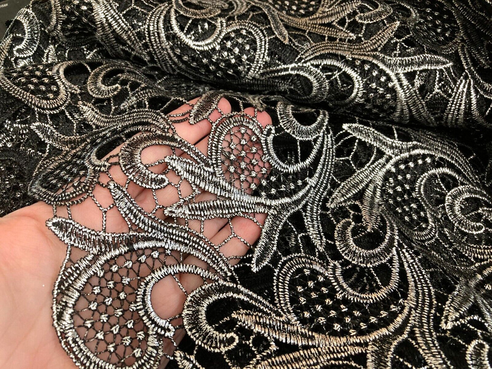 Black/Silver Metallic Guipure Lace Fabric 2 yds 50″ Embroidered Venetian Lace