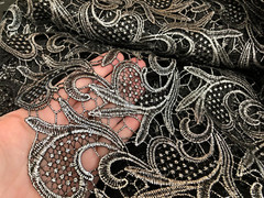 Black/Silver Metallic Guipure Lace Fabric 2 yds 50″ Embroidered Venetian Lace