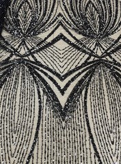 Black Beige Sequin Mesh Net Fabric Embroidered Beaded Geometric Pattern