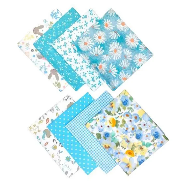 CraftsFabrics 8Pcs Blue Floral Fat Quarters Fabric 100% Cotton Printed Fabric