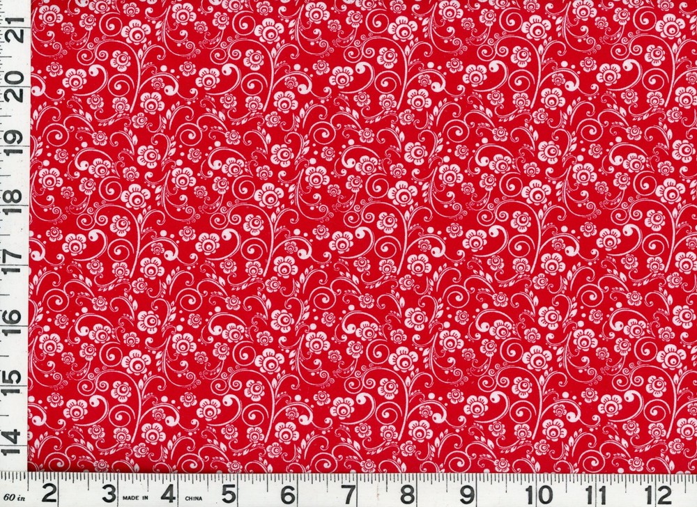White Victorian Flowers & Curls on Red Quilting & Sewing Fabric by the Yard #c11