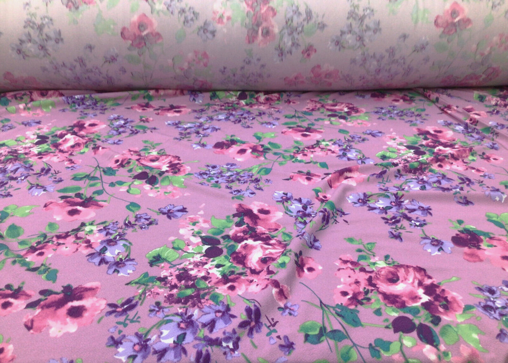 Printed Liverpool Textured Fabric Stretch Lavender Purple Pink Green Floral 1N12